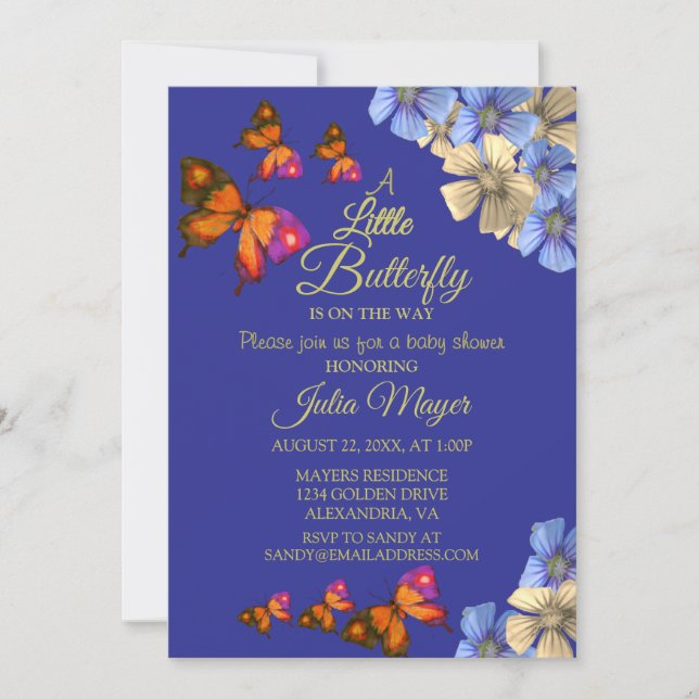 En liten fjäril är på väg till Blommigten Baby Inbjudningar (Framsida)