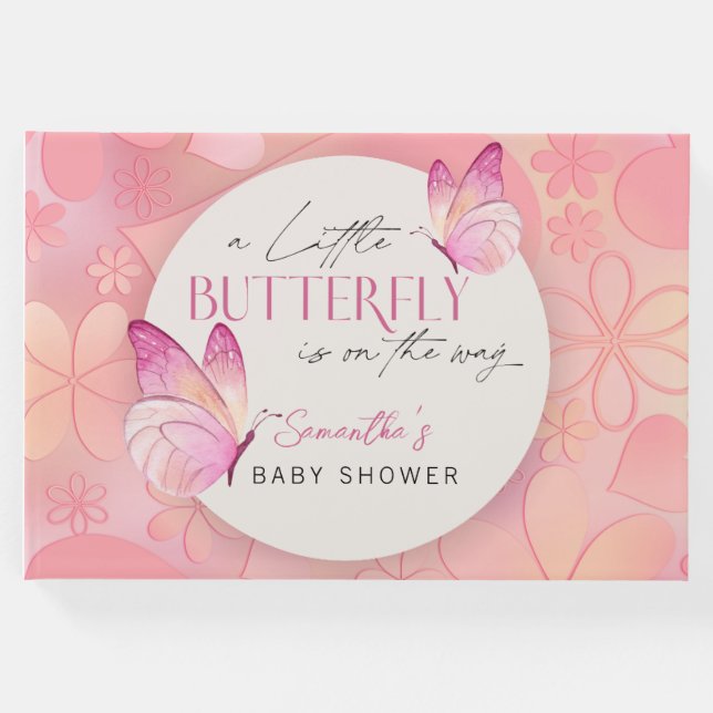 En liten fjäril är på vägen till babyduschen gästböcker (Framsida)