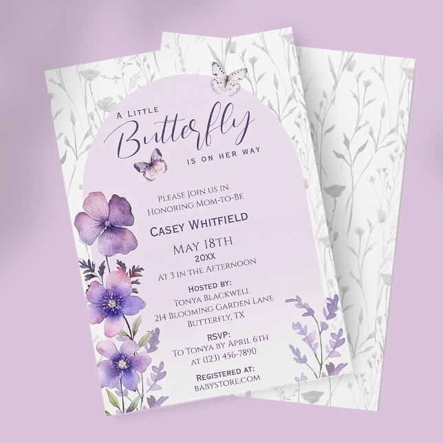 En liten fjäril Baby Shower Lila Wildblomma Inbjudningar (A Little Butterfly Purple Boho Baby Shower Invitation)