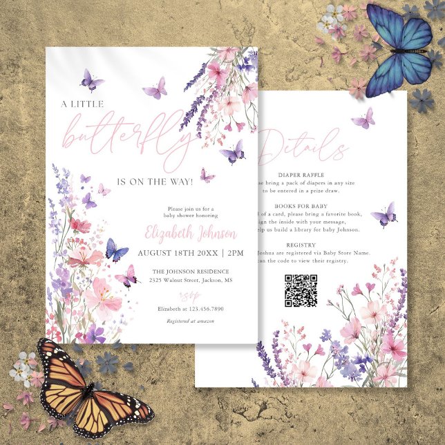 En liten fjäril Blommig baby shower allt i ett Inbjudningar (A Little Butterfly Floral Baby Shower All In One Invitation)