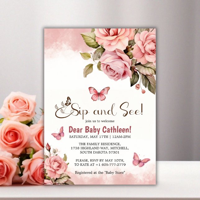 En liten fjäril-Blommigt Baby Shower Sip och See Inbjudningar (A Little Butterfly Floral Baby Shower Sip and See Invitation)