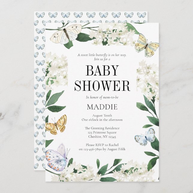 En liten fjäril-Blommigt, vattenfärgsbabyskor Inbjudningar (Fram/baksida)