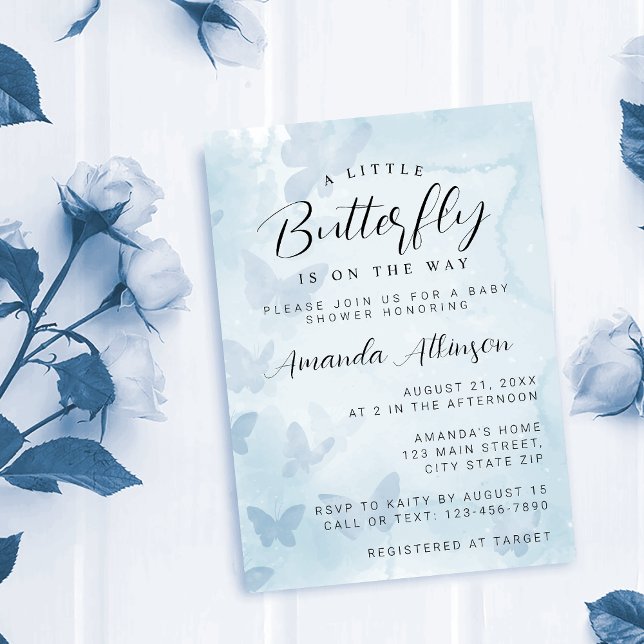 En liten fjäril Blue Baby Shower Inbjudningar (Skapare uppladdad)