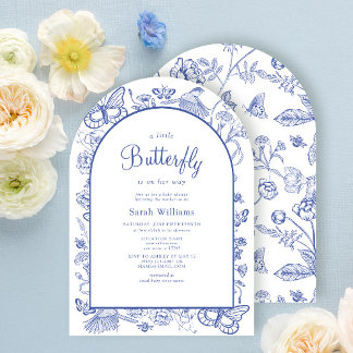 En liten fjäril Blue & White Blommigt Baby Shower Inbjudningar