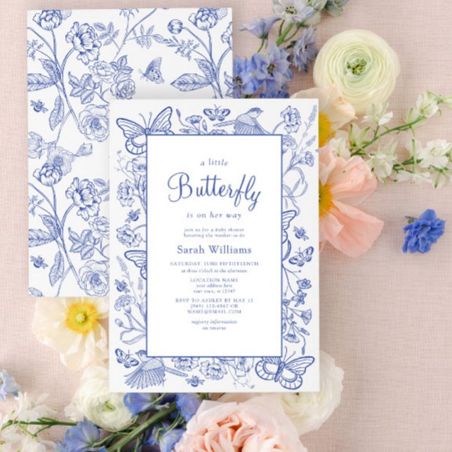 En liten fjäril Blue & White Blommigt Baby Shower Inbjudningar (Baby Shower Invitation)