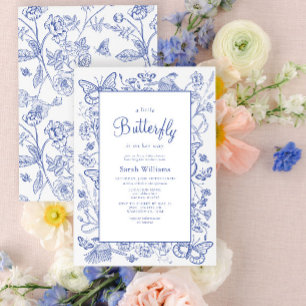 En liten fjäril Blue & White Blommigt Baby Shower Inbjudningar