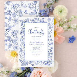 En liten fjäril Blue & White Blommigt Baby Shower Inbjudningar
