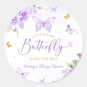 En liten fjäril Lila Guld Blommigt Baby Shower Runt Klistermärke
