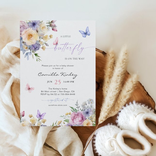 En liten fjäril Pastel Blommigts Baby Shower Inbjudningar (Skapare uppladdad)
