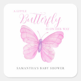 En liten fjäril Rosa Baby Shower Fyrkantigt Klistermärke