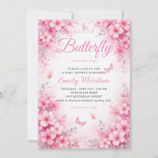 En liten fjäril rosa blommig flicka baby shower  inbjudningar