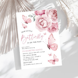 En liten fjäril Rosa Blommigt Ro Baby Shower Inbjudningar