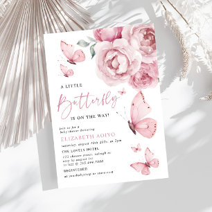 En liten fjäril Rosa Blommigt Ro Baby Shower Inbjudningar