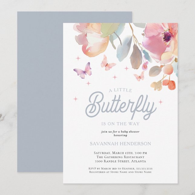 En liten fjäril Rosa Blue Blommigt Baby Shower Inbjudningar (Fram/baksida)
