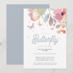 En liten fjäril Rosa Blue Blommigt Baby Shower Inbjudningar