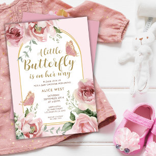 En liten fjäril Rosa Guld Glitter Baby Shower Inbjudningar