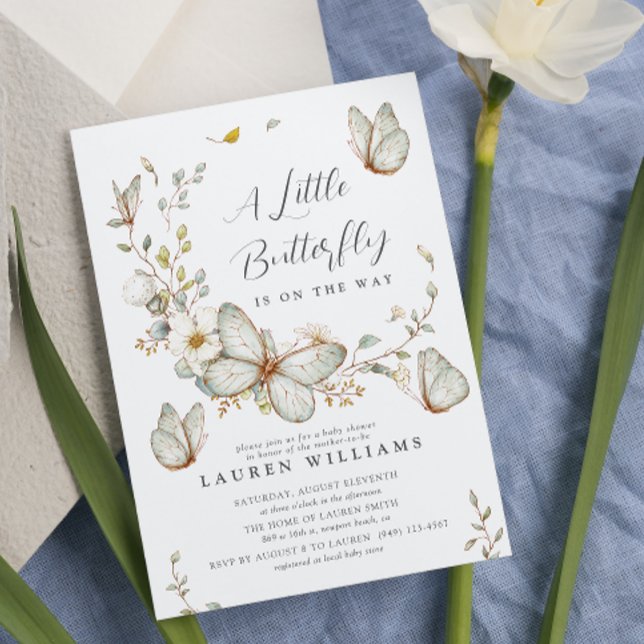 En liten fjäril Rustic Watercolor Baby Shower Inbjudningar (Flutter into joy with our 'Little Butterfly' Baby Shower Invite!)