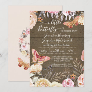 En liten fjäril Rustic Watercolor Blommigt Baby Inbjudningar