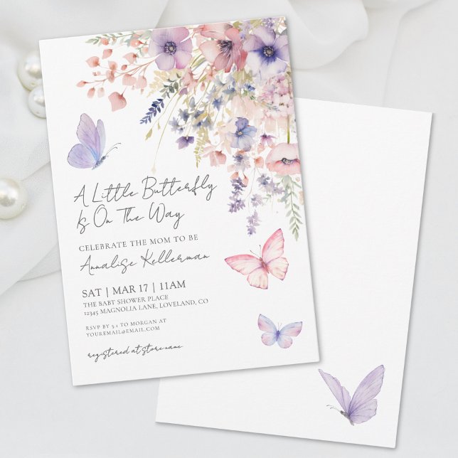 En liten fjäril Vildblomma Bebisens ankomstfirande Inbjudningar (A Little Butterfly Wildflower Baby Shower Invitation)
