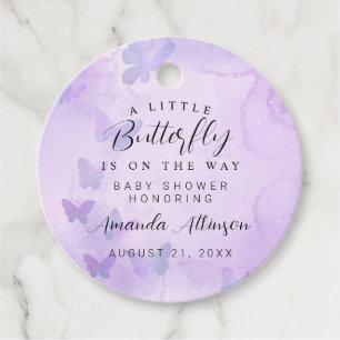 En liten fjärilshuggare för Lila Baby Shower Gåvor Etiketter