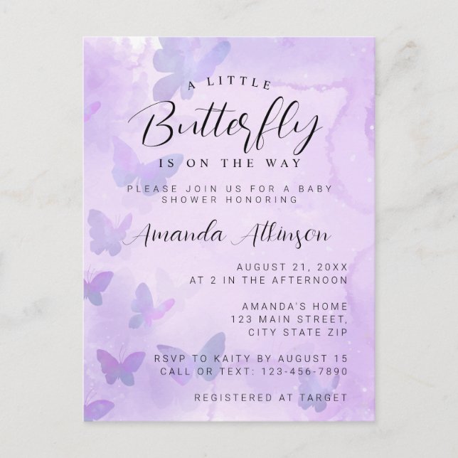 En liten fjärilshuggare för Lila Baby Shower Vykort (Framsida)