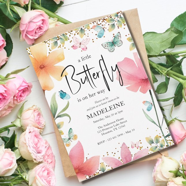 En liten fjärilshusare i Blommigten Glitter Inbjudningar (Skapare uppladdad)