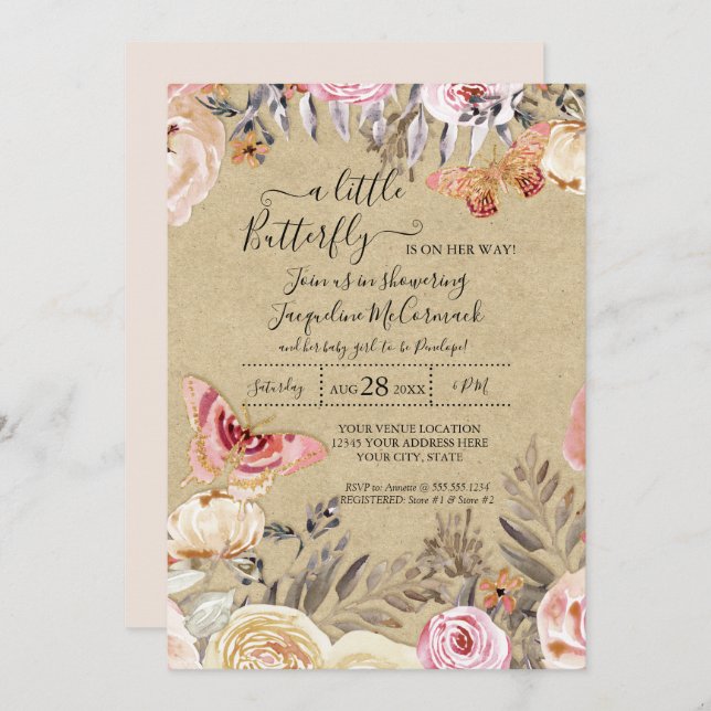 En liten fjärilsvattenfärg  Blommigt Baby Inbjudningar (Fram/baksida)