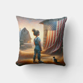En liten flicka med en amerikansk Flagga på en bar Kudde