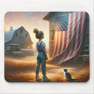 En liten flicka med en amerikansk Flagga på gamla Musmatta