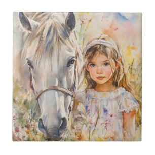 En liten flicka med en häst kakelplatta