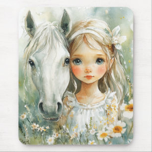 En liten flicka med en häst musmatta