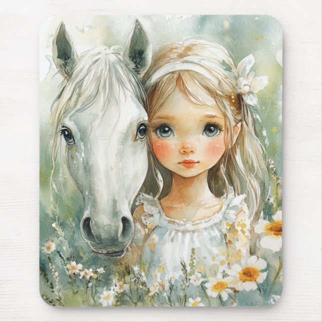 En liten flicka med en häst musmatta (Framsidan)