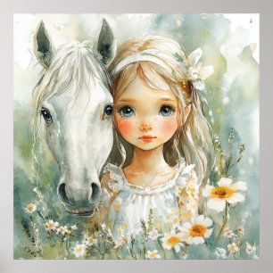 En liten flicka med en häst poster