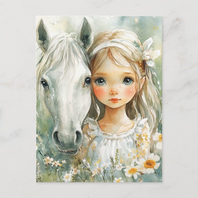 En liten flicka med en häst vykort (Framsida)