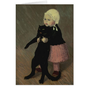 En liten flicka med en katt, 1889 hälsningskort