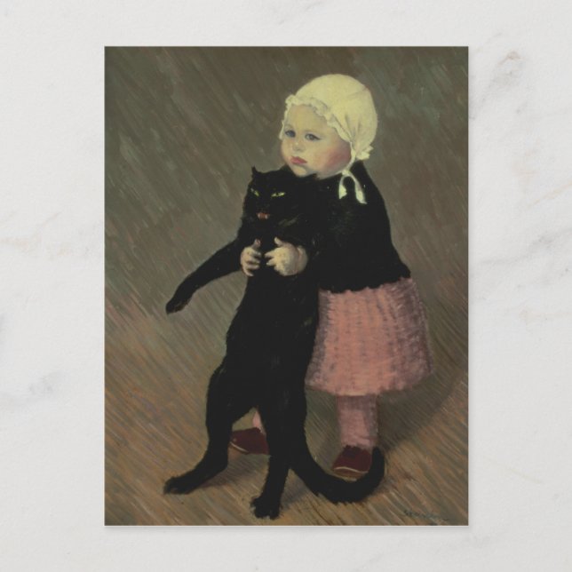 En liten flicka med katt 1889 vykort (Framsida)