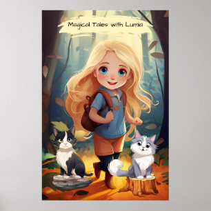 En liten flicka och hennes två katter poster