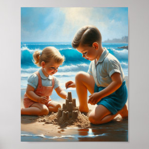 En liten flicka och pojke som Bygger ett Sandcastl Poster