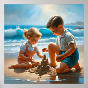 En liten flicka och pojke som Bygger ett Sandcastl Poster