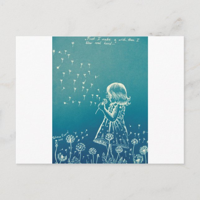 En liten flicka som blåser på en dandelion vykort (Framsida)