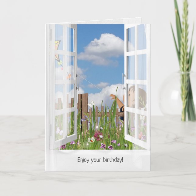 En liten flicka som flyger runt i fönstervyn kort (Framsida)