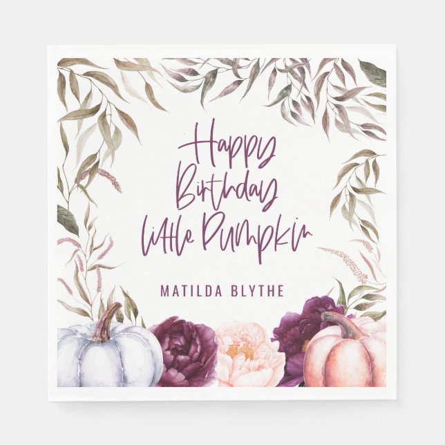 En liten födelsedagsfest för pumpfall i blommigten pappersservett (Framsidan)