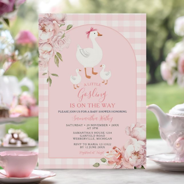 En liten Gosling Rosa Blommigt Gingham Baby Shower Inbjudningar (Skapare uppladdad)