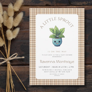 En liten grodd planta Brun Gingham Baby Shower Inbjudningar
