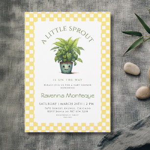 En liten grodd planta gul gingham baby shower inbjudningar