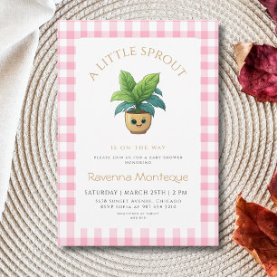 En liten grodd planta rosa gingham baby shower inbjudningar