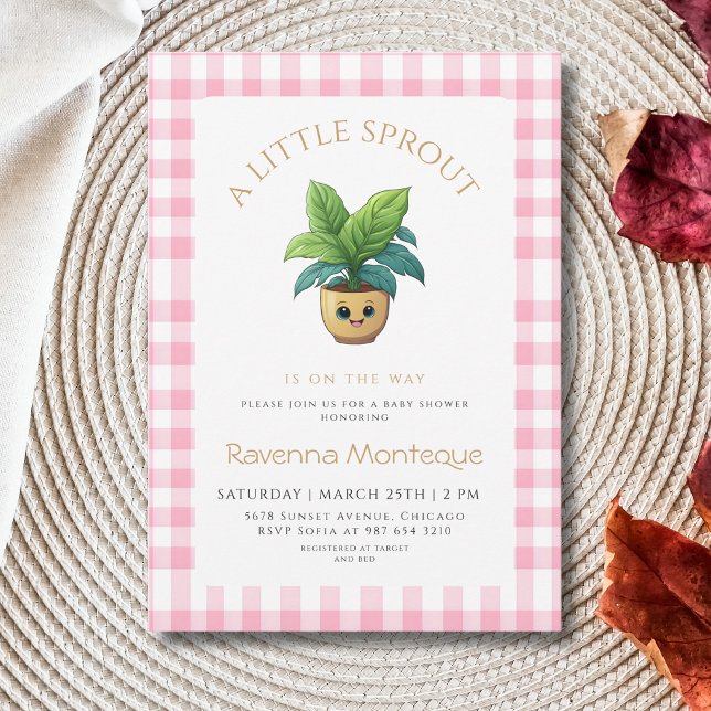 En liten grodd planta rosa gingham baby shower inbjudningar (Skapare uppladdad)