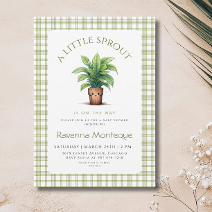 En liten grodd plante grön gingham baby shower inbjudningar