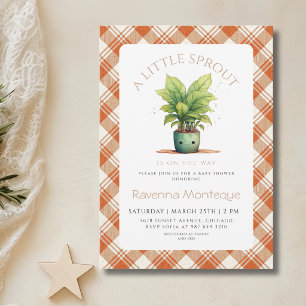 En liten grodd plante orange gingham baby shower inbjudningar