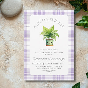 En liten grodd plante purple gingham baby shower inbjudningar